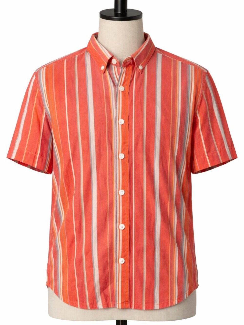 Aigle Men's XL Striped Button Down Shirt Coral Blue White Short Sleeve Casual